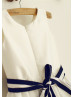 Ivory Taffeta Navy Blue Stripes Flower Girl Dress With Stripe Sash